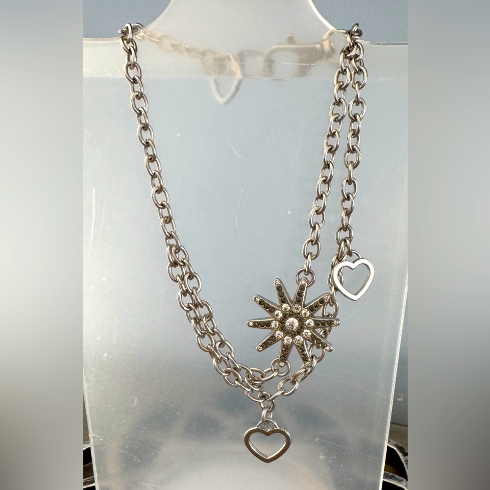 Silver thick chain link  necklace with rhinestone starburst and hearts